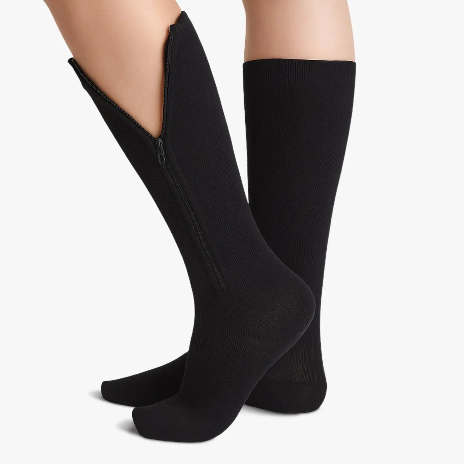 Chaussettes de contention à zip noires classe 2, fermeture éclair ouverte