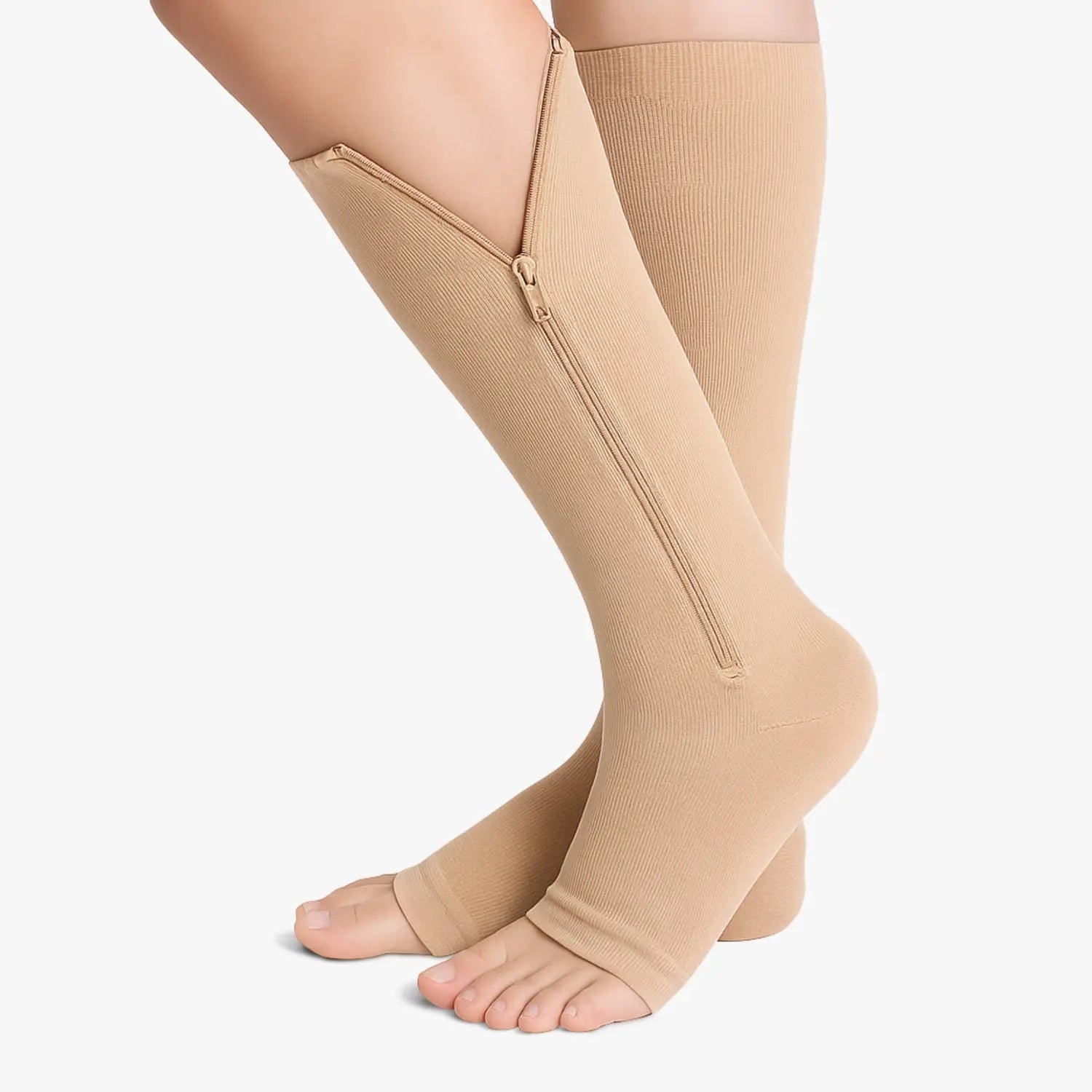 Chaussettes de contention à zip et pieds ouverts beiges classe 2, fermeture éclair latérale ouverte