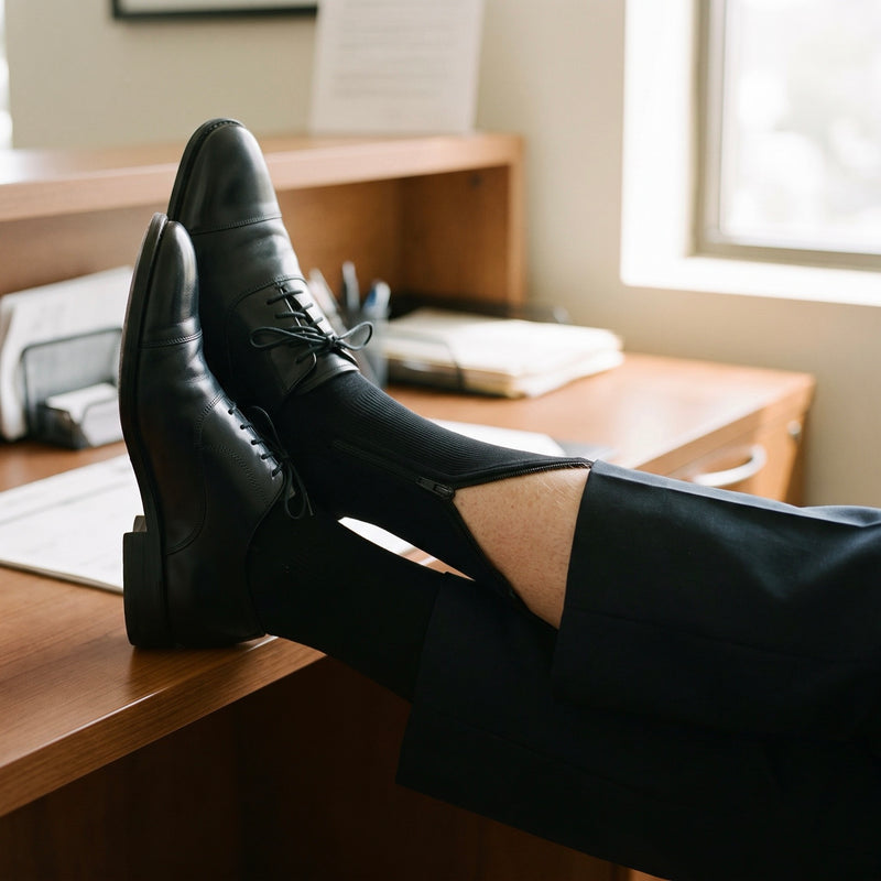 Chaussettes de contention à zip et pieds ouverts classe 2 portées au bureau